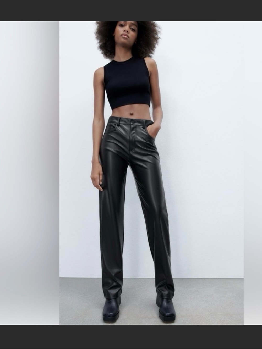 Zara Black Faux Leather Straight-Leg Pants size XS